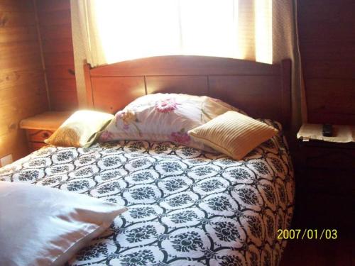 圣安东尼奥Hosteria Algarrobo的卧室内的一张带枕头的床
