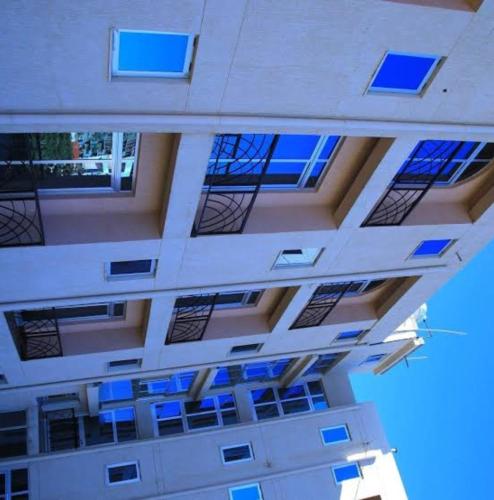 阿克苏姆Armah International Hotel的享有带蓝色窗户的建筑景致