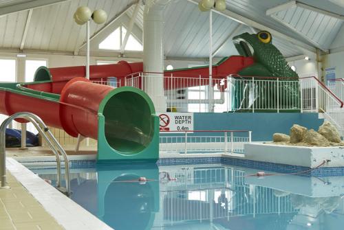 考斯51 Oaklands thorness bay Parkdean holiday resort的一个带滑梯和鸟雕像的游泳池