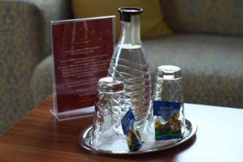 巴特莱辛哈尔艾姆拉奥斯酒店的一张桌子上的玻璃瓶,紧挨着两瓶小瓶