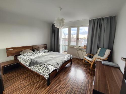 弗沃达瓦Apartament w centrum的卧室配有床、椅子和窗户。