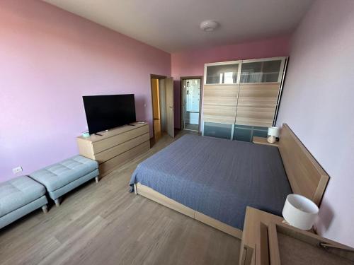 BrestnikВила Маунтайн Вю的一间卧室配有一张床和一台平面电视