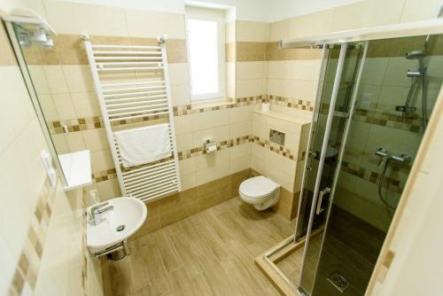 巴拉通雷勒BL Garden Panzió的浴室配有卫生间、淋浴和盥洗盆。
