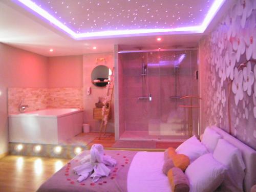 拉西约塔Studio Love Spa Baignoire XXL Port Vieux La Ciotat的一间卧室设有淋浴,床上配有娃娃。