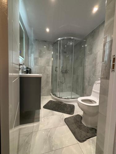 BradenhamExquisite 2 Bedroom Fully Furnished Annex的一间带玻璃淋浴和卫生间的浴室