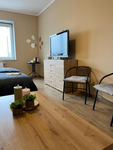 格丁尼亚Gdynia Pokoje Blisko Morza i Centrum的一间卧室配有电视、一张床和一把椅子