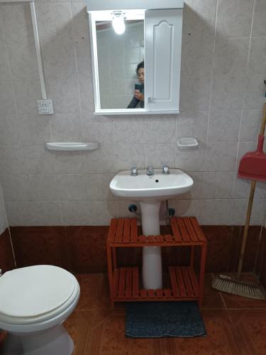 圣卡洛斯-德巴里洛切Casa para 4 personas的一间带水槽、卫生间和镜子的浴室