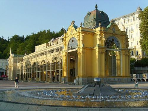 玛丽亚温泉Apartmany Cesky Dvur的一座黄色的大建筑,前面有一个喷泉