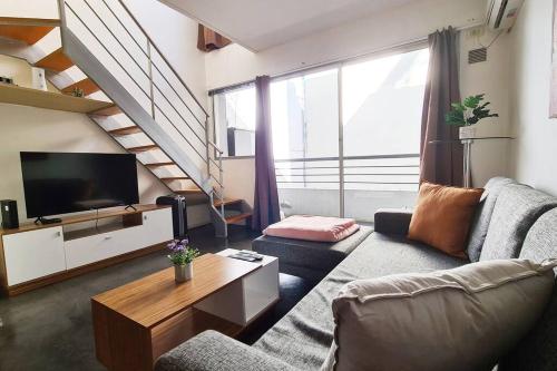 布宜诺斯艾利斯Loft encantador en el corazón de Núñez的带沙发和电视的客厅