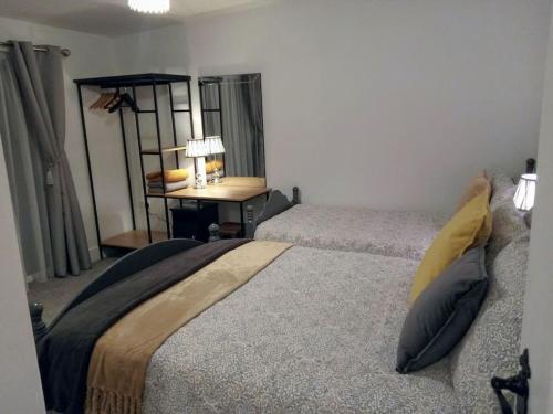 CarneyIrish Cottage Tipperary的一间卧室配有两张床和一张带台灯的桌子