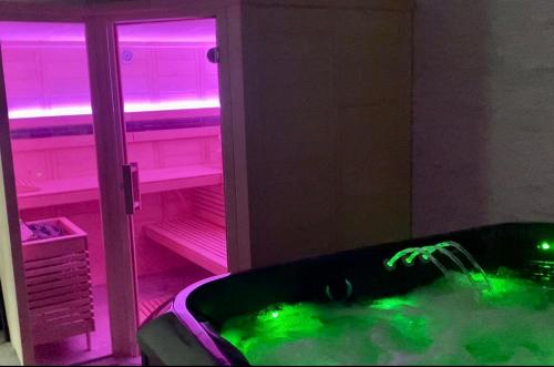 科利比塔VIP Villa & Spa的浴室配有带绿色和粉红色灯的浴缸。