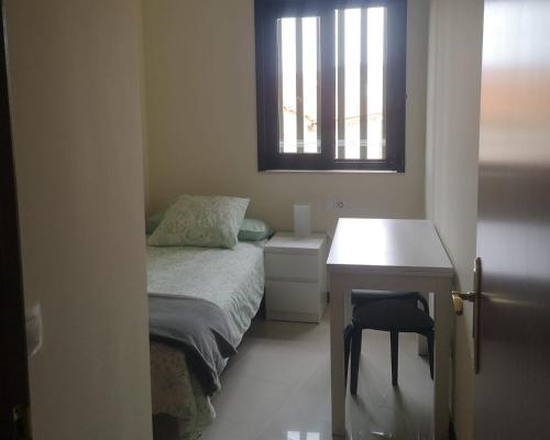科鲁韦多Céntrico apartamento en Corrubedo的一间卧室配有一张床、一张书桌和一个窗户。