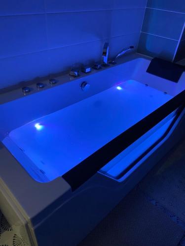拉兰Au bord du gave的客房内的蓝色浴缸