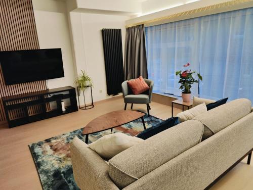 布鲁塞尔Bright & Cozy Appartment in Brussels的带沙发和平面电视的客厅