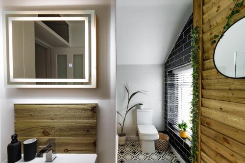 卡迪夫Central Retreat的一间带水槽、镜子和卫生间的浴室