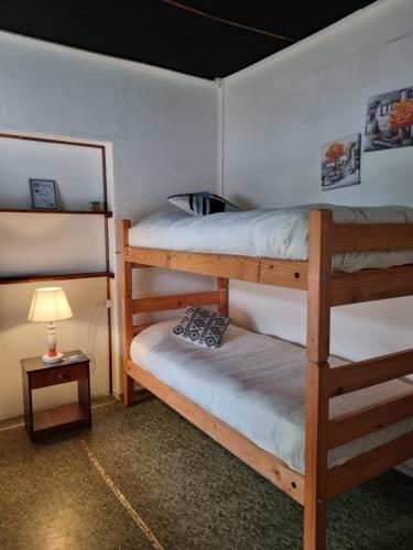 蓬塔阿雷纳斯Alojamiento Emilia House的带三张双层床和一盏灯的房间