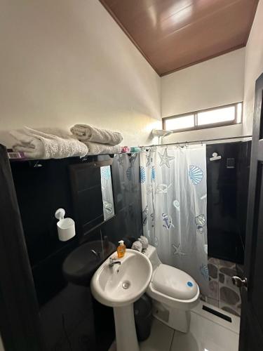 奎波斯城Apartamento Rodriguez的一间带水槽、卫生间和淋浴的浴室