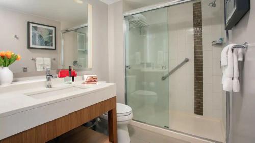 圣胡安Hyatt Place San Juan的带淋浴、盥洗盆和卫生间的浴室