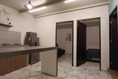 奥里萨巴Departamento Excelente ubicación Depto C的带厨房的房间,带一个柜台和门