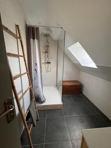 Pommerit-JaudyMaison de Yec'hed mat, authentique et charmante.的带淋浴和浴帘的浴室