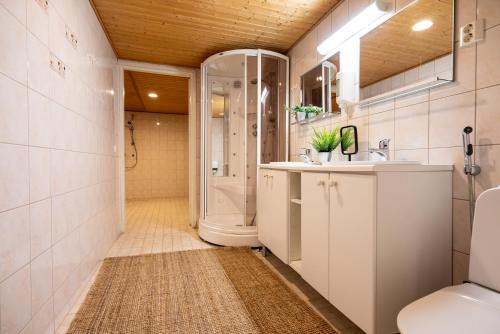 塔库沃里Hotel Tahko的带淋浴、盥洗盆和卫生间的浴室