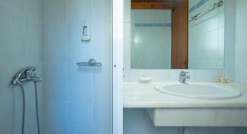里科索翁Olive Τrees Garden的浴室配有盥洗盆和带镜子的淋浴