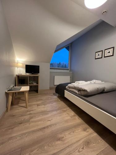 Rumšiškės,,Įlanka"的一间卧室配有一张床、一张书桌和一个窗户。