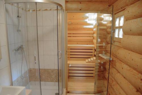 Luxury Chalet at Podlipje Estate的一间带步入式淋浴间和玻璃淋浴间的浴室