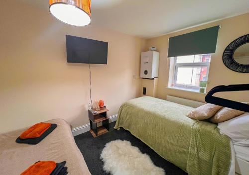 布里斯托Charming Flat in Central Bristol的一间卧室配有两张床和一台平面电视