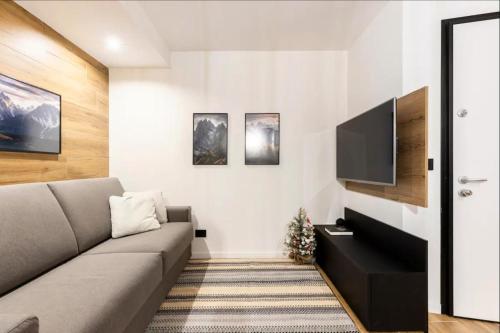 泰塞罗Dolomiti Haus - Immerso nelle Dolomiti的带沙发和平面电视的客厅