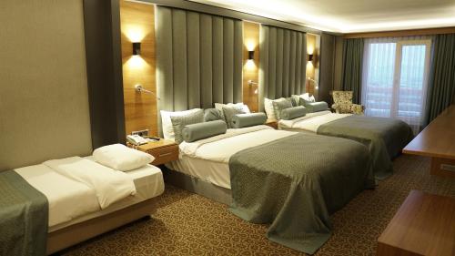 伯萨绿色布鲁萨酒店的酒店客房设有三张床和窗户。