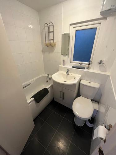 卡纳芬Cosy North Wales 2 BEDROOM Chalet的白色的浴室设有卫生间和水槽。