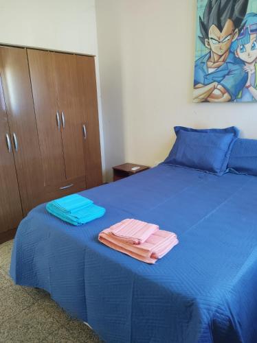 蒂诺加斯塔Casa el Bahual的一间卧室配有蓝色的床和2条毛巾