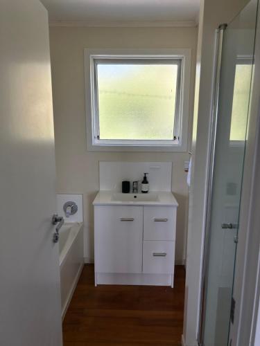 罗托鲁瓦Rotorua Lakes House的一间带白色水槽和窗户的浴室