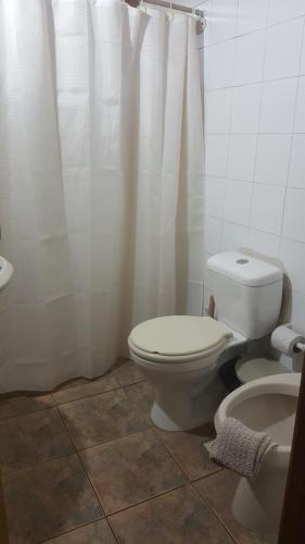 阿尔米隆温泉Bonibert的一间带卫生间和淋浴帘的浴室