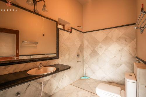 焦特布尔Zostel Jodhpur (Ratanada)的一间带水槽、镜子和卫生间的浴室