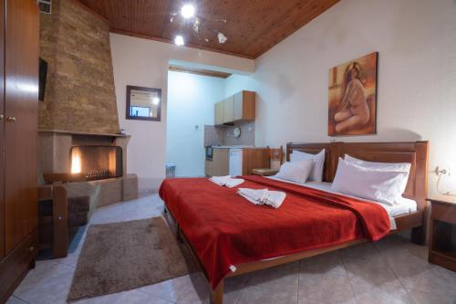 卡托劳塔翁Guesthouse Adonis的一间卧室设有一张大床和壁炉