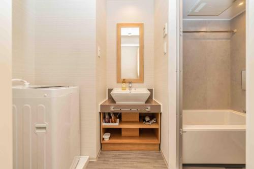 大阪Apartment Hotel 11 Namba的浴室配有盥洗盆、镜子和浴缸