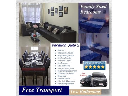 名古屋Family Vacation Suites的一张带桌子和汽车的客厅的传单