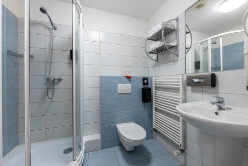 弗兰季谢克矿泉镇布鲁塞尔酒店的浴室配有卫生间、盥洗盆和淋浴。