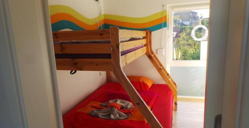 萨加尔德Ferienhaus an der Brunnenaue 4 Sterne zertifiziert kostenlos Wlan & Netflix的客房内的双层床,带梯子