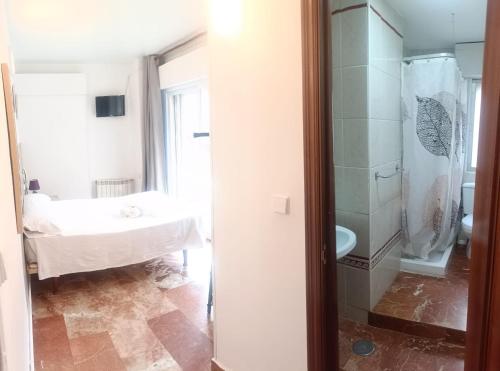 格拉纳达奈福特旅馆的带淋浴和盥洗盆的浴室