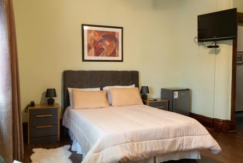 蒙得维的亚Coliving Med by Hotel Mediterràneo的一间卧室配有一张床和一台平面电视