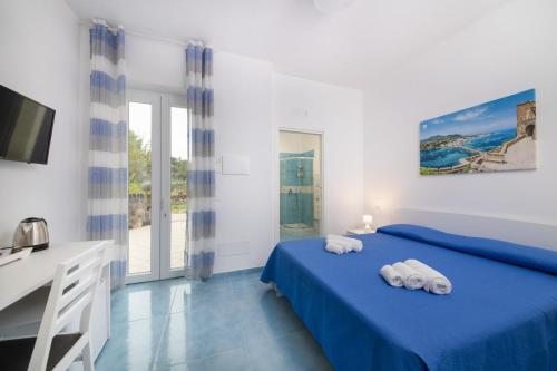 伊斯基亚B&B La Vigna Rooms - Ischia Ponte的一间卧室配有蓝色的床和毛巾