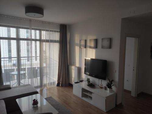 贝尔格莱德Belgrade Waterfront Comfortable Apartment的一间带电视和大窗户的客厅