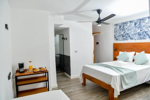 蓬塔卡纳Honky Tonk Punta Cana的一间卧室配有一张床和吊扇