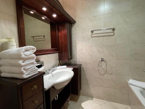 索尔登International House Sölden Standard Apartment ZW 10的一间带水槽、镜子和淋浴的浴室