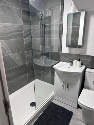 莱斯特Stunning 2-flat in Leicester!的带淋浴和盥洗盆的浴室