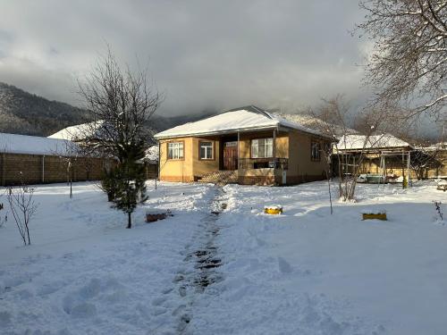 盖贝莱Villa in Qabala的雪中的房子,有雪覆盖的院子