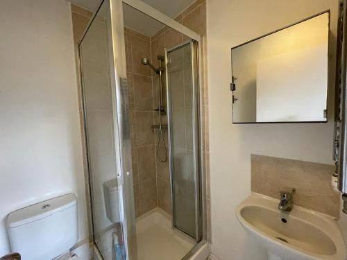 伦敦Double bedroom with bathroom en suite in London Docklands Canary Wharf E14的带淋浴和盥洗盆的浴室